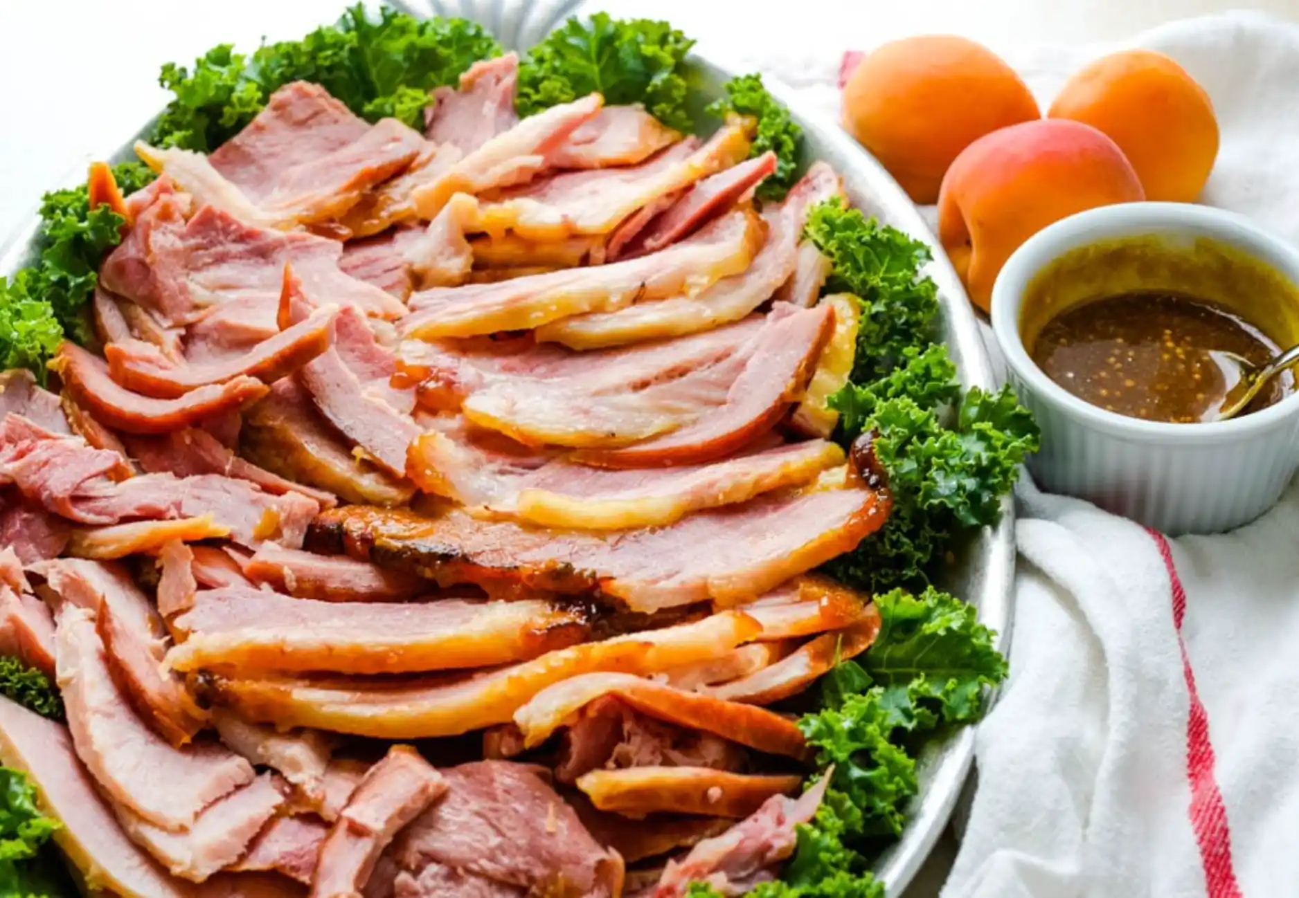 thickly sliced ham arranged on a plate