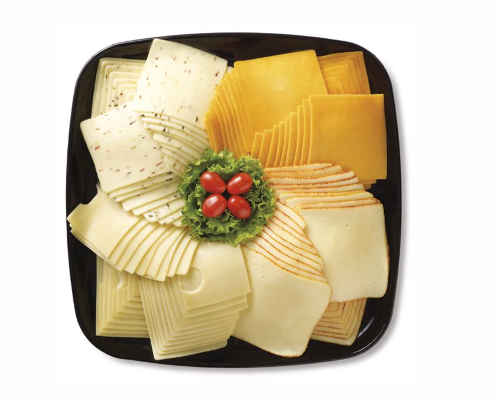 various cheeses sliced sandwich style on a platter